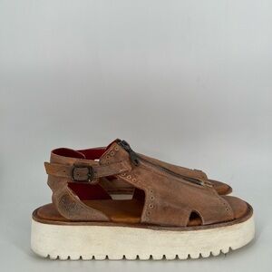 Bed Stu Clancy Leather Cut Out Grommet Buckle Front Zip Sandals In Tan Rustic